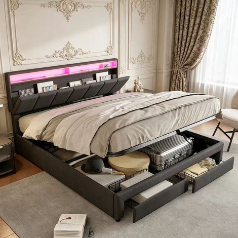 Lit coffre 180×200cm avec tiroirs, lit capitonné avec lumière LED, lit double avec tête de lit réglable, espace de rangement dans la tête de lit, Sommier à lattes, lit adulte, Lin, Gris (1/5)