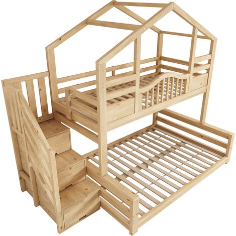 Kinder-Etagenbett mit Stauraumtreppe 90x200 oben, 140x200 unten, Naturholz (1/5)