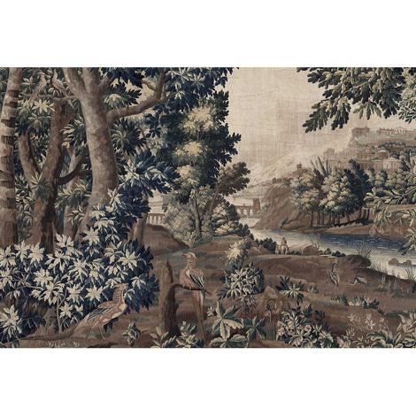 Papier peint panoramique animaux oiseau Tapisserie panoramique foret féerique salle à mager Papier peint panoramique vert beige & bleu (1/2)