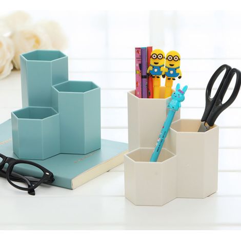 Stiftehalter mit 3 Fächern, sechseckiger, multifunktionaler Aufbewahrungseimer für Make-up-Pinsel, Blau (1/5)