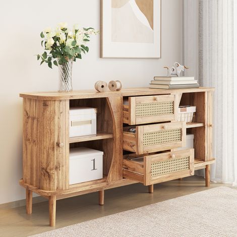 REDOM Mobile Basso 140,5x40x76 cm, 3 Cassetti in Rattan, Ampia Capacità, Piano con Bordi Arrotondati, Struttura in Legno, Naturale (1/5)