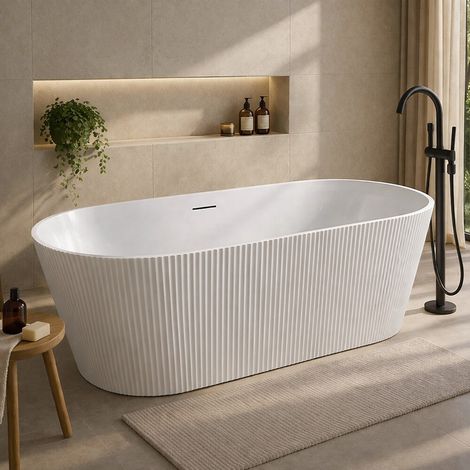 Vasca freestanding 170cm ovale con superficie cannettata in bianco lucido Venere