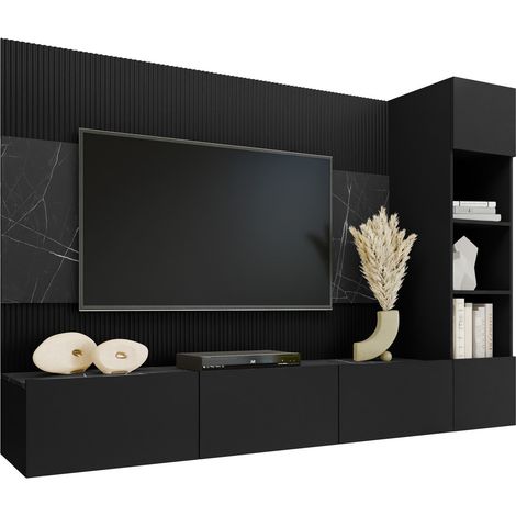 Mobilier1 – Ensemble de salon Comfivo 369 – Noir et marbre noir – Largeur 220 cm – Hauteur 150 cm – Stratifié et ABS – Design moderne