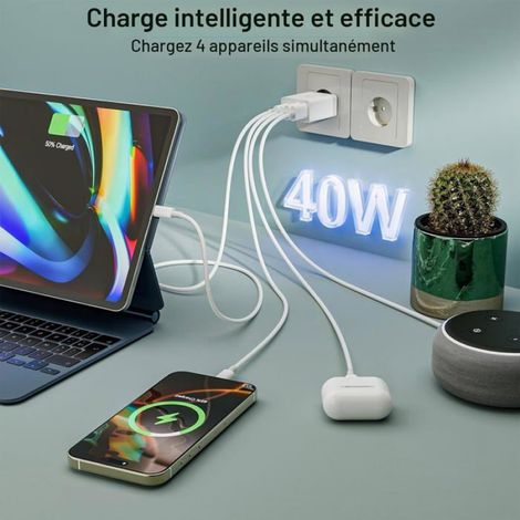 Chargeur USB C, (3 Pack) 40W 4 Port Prise USBC Chargeur Rapide, Multiple Secteur PD+QC Type C Adaptateur Blanc (1/5)