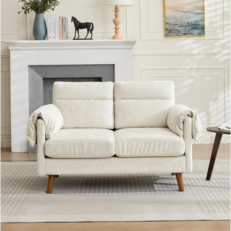 Canapé 2 places beige en chenille avec coussins rembourrés et pieds effet bois (1/5)