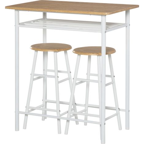 HOMCOM Bartisch mit 2 Hockern, weiße Küchengarnitur, integriertes Ablagefach, Esstisch für Wohn- und Esszimmer