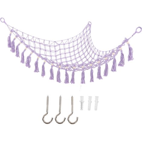 Housse de rangement jouets en macramé avec perles en bois et franges, hamac pour peluches violet clair (1/5)