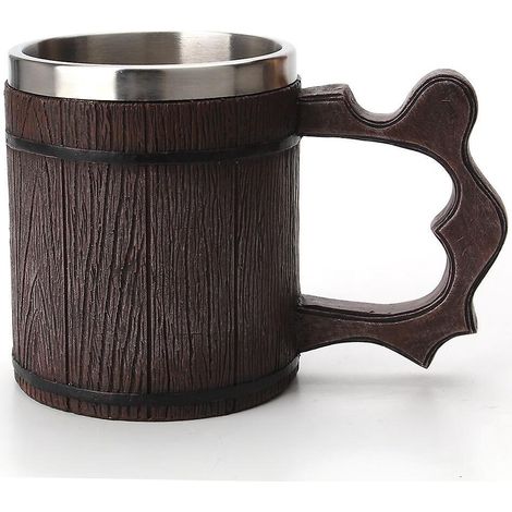 chope  Bire En Bois De Chne Fait Main 1 Pice Chope En Acier Inoxydable 450ml Naturel Et Cologique Brun Baril (1/5)