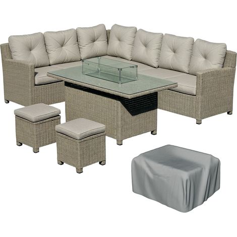Outsunny 5 PCs Outdoor PE Rattan L-Shape Sofa Footstool Fire Pit Table Set (1/5)