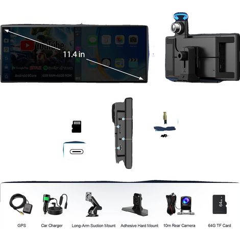 Telecamera per auto, schermo da 11,4 pollici, registrazione tripla a 1080P, telecamera posteriore 6G con portata fino a 10 m. (1/2)