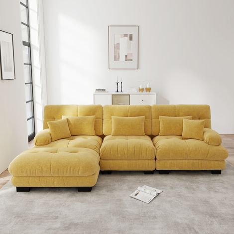 Sofá rinconera modular 313 x 145 x 81 cm de chenilla amarilla con otomana HAVRYA (1/5)