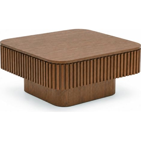 Mesa de centro cuadrada de 75 cm con espacio oculto, color nogal, diseño estriado (1/5)