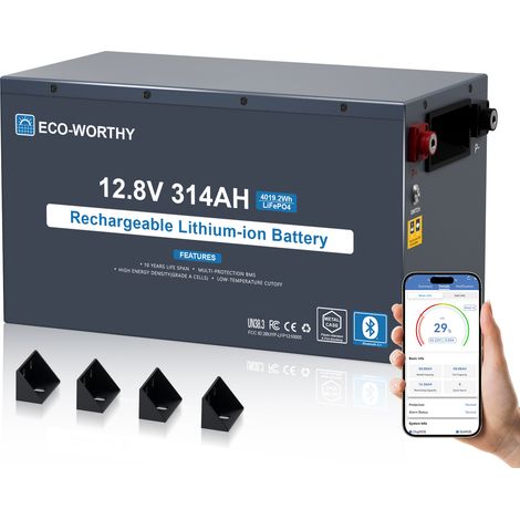 ECO-WORTHY 12V 314Ah EnergyRock LiFePO4 Batterie Metallgehäuse mit 200A BMS,4019Wh Kapazität mit Bluetooth&Sicherheitsschalter, Hochtemperaturbeständig&Untertemperaturschutz für Wohnmobile,Wohnwagen (1/5)
