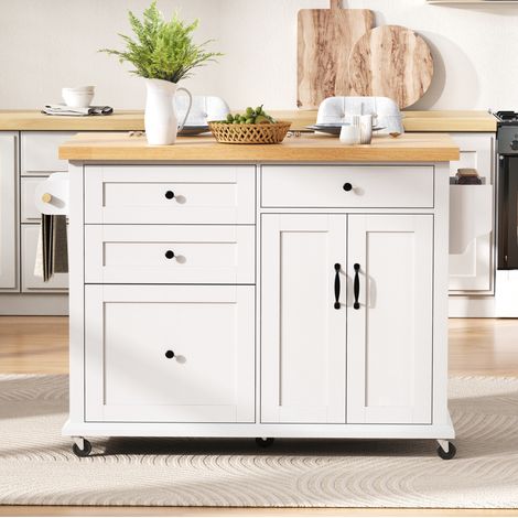 Isola cucina 107x90.5cm Cassetti multifunzione Ripiani regolabili Ruote bloccabili MDF Bianco naturale (1/5)