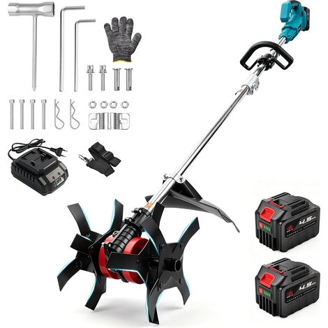 Motobineuse Électrique, 600 W sans Balais, Grande Lame en Acier  Profondeur de 24 cm et Largeur de 23 cm, Poignée Réglable, 2 Batteries de 4,5 Ah Autonomie de 60 min, Adaptée aux sols durs (1/5)