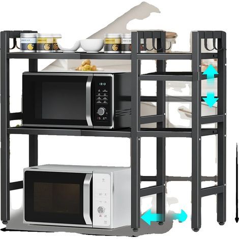 Étagère de four à micro-ondes, hauteur réglable, organisateur multi-usage, 3 niveaux-Noir (1/2)
