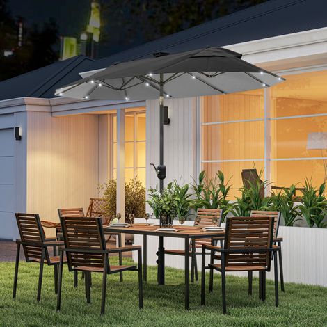 Parasol double avec pied en croix et éclairage solaire, 295 x 150 x 219 cm, gris