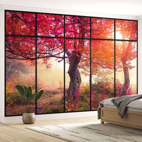 Papier peint panoramique Trompe l'oeil Verrière - Arbres feuilles rouges - 130 cm x 82 cm (1/5)