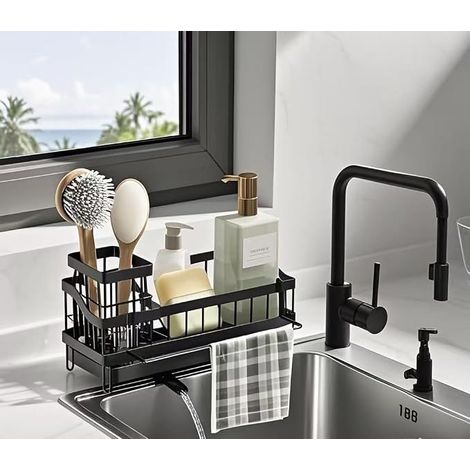 Rangement Evier Cuisine, Porte eponge evier cuisine,Organisateur d'évier en avec bac d'écoulement Automatique pour Porte Eponge, Porte Serviettes, Cuisine Suspendu ou Atterrissage-Noir (1/5)