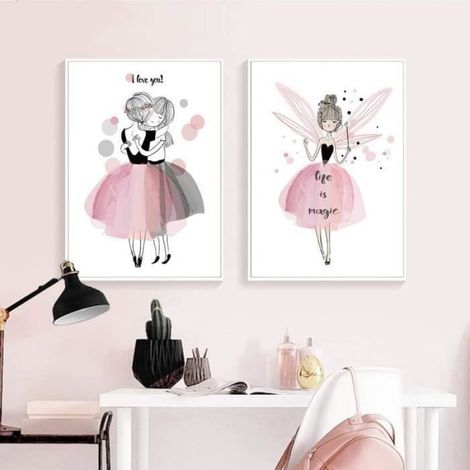 Affiche Fille Rose Deco Chambre Poster Enfant Tableau Murale Decoration Impression sur toile 3 pieces sans Cadre 3040CM (1/4)