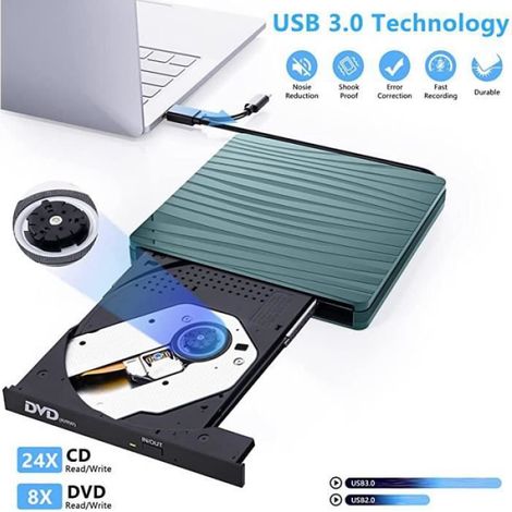 Lecteur CD DVD Externe - USB3.0 Type-c - External Drives pour Laptop, Desktops, PC, iMac, Macbook,[835490] verde (1/4)