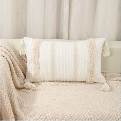 Set of 2 Beige Boho Cushion Covers 30 x 50 cm Quilted Tassel Throw Pillow Covers Home Decor for Sofa, Bed, Chair, Bedroom, Living Room (1/4)