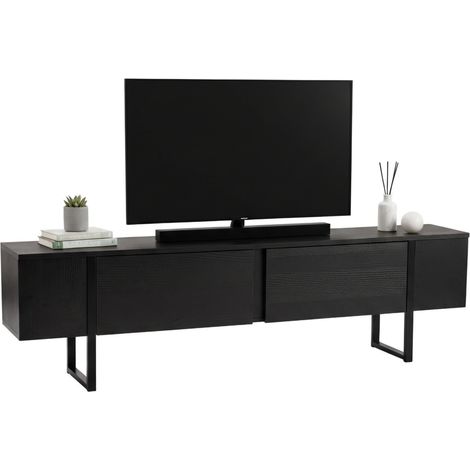 Dmora - Fernsehschrank Gussola, Ständer für Wohnzimmerfernseher, Niedriges Wohnzimmer-Sideboard, TV-Ständerbasis, 180x30 h50 cm, Schwarz