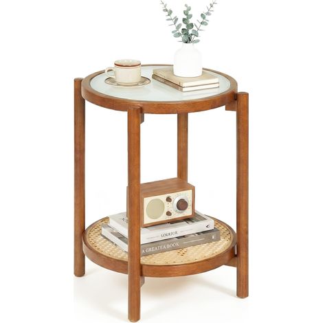 COSTWAY Petite Table Basse Ronde en Verre et Bois 2 Niveaux (Noyer) (1/5)