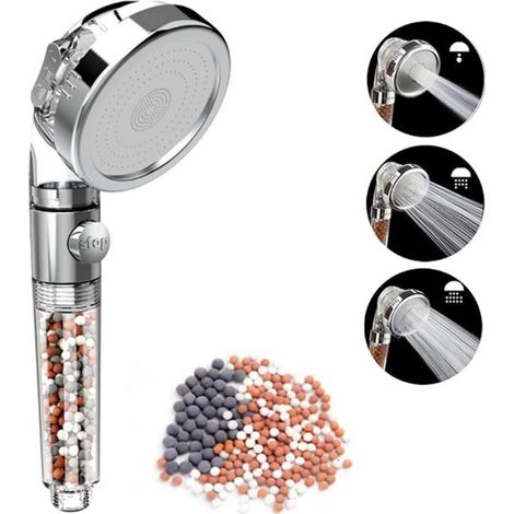 Pommeau de douche avec anti-calcaire - Pommeau de douche haute pression 3 types de jet - Économie d'eau Filtre et boule minérale (1/5)