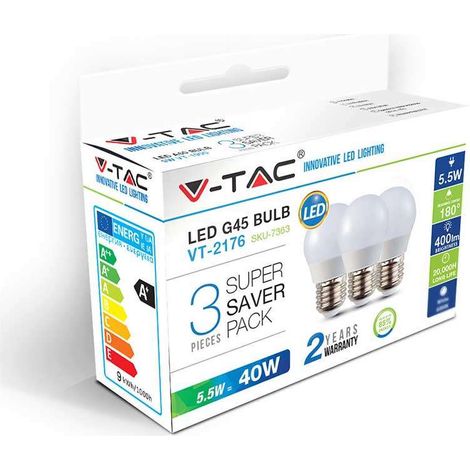 Bombilla LED V-TAC E27 5,5 W G45 Blanco Frío (Caja de 3)
