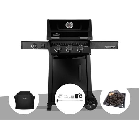 Barbecue gaz Freestyle 365 noir 3 brûleurs et 1 réchaud latéral + Housse de protection + Rôtissoire + Plateau charbon - Napoléon