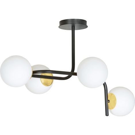 Lampadario 4 Luci Kalf Acciaio Nero A Bracci Curvi E Sfere Vetro Opalino E Oro (1/5)