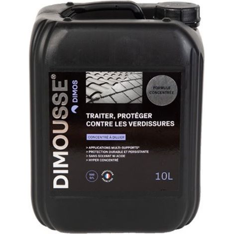 Dimos – DIMOUSSE concentré X-thallo anti-mousse – Élimine mousse, algues, lichens – Non corrosif sur zinc et aluminium – Bidon 10L