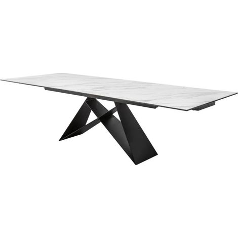Esstisch ATARA 180–260 cm – Tischplatte aus weißem Marmor-Effekt Keramik und schwarzem Metall