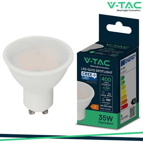V-TAC PRO Faretto LED GU10 4,5 W – Chip CREE – 4000K – 400 lm – 100° – Copertura satinata, Bianco naturale – 21202-6