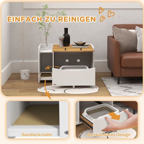 Bac à litière extensible pour chat, design meuble, tiroir à litière, 78 x 50 x 51 cm, chêne/blanc (1/4)