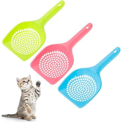 Lot de 3 pelles à litière pour chats et chiens, outil de nettoyage pour litière, pelle à déjections canines, passoire en plastique facile à nettoyer (rose, bleu, vert)-AquaForge (1/5)