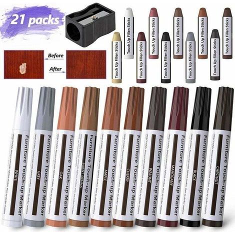 Kit de réparation de meubles 21 pièces – 10 marqueurs et 10 bâtons de cire – Palette de 10 couleurs pour bois – Résultats immédiats