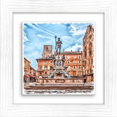 Lupia - Quadro moderno con paesaggi e localismi italiani, Ceramica e Stampa Rilievo, Cornice Legno Shabby Modern bianca, Decorazione Parete, Quadretti Soggiorno 29x29 cm BOLOGNA FONTANA NETTUNO GIORNO (1/4)