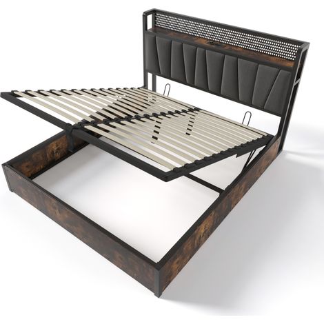 Lit double 180 x 200 cm en lin gris avec LED, ports USB et prises HOMVRA (1/5)