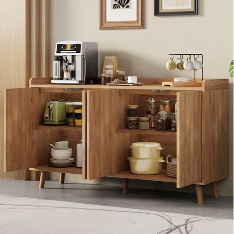 Credenza 140x40x84 cm, con 4 porte, ripiani regolabili, vano aperto, MDF naturale (1/5)