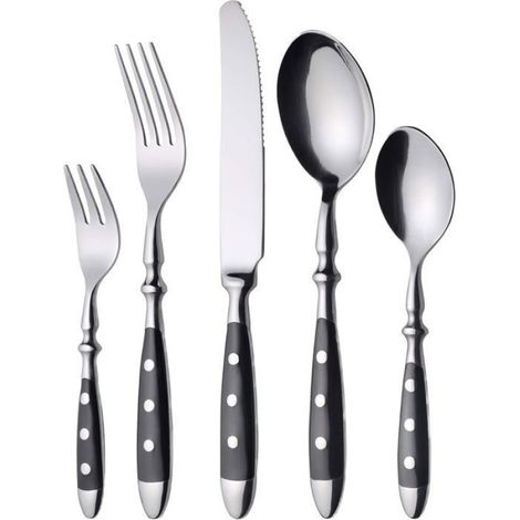 Couteau Fourchette Cuillère Service Couverts - Acier Inoxydable 18/0 - Poignées Noires - Pour 5 Personnes