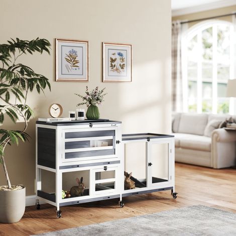 Clapier pour lapin en bois 2 étages avec roulettes, 3 plateaux, pour 2-3 lapins, 147 x 45 x 89,5 cm, gris