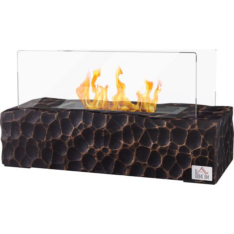 Tischkamin mit Bioethanol, 1,15-Liter-Brenner, 30–45 Minuten Brenndauer, Glasscheibe und Funkenschutzgitter, 33 x 16 x 18 cm, Schwarz