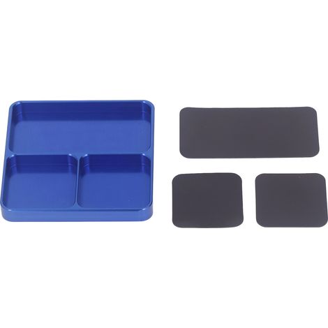 Plateau magnétique bleu, antidérapant, 13,8 x 11 x 2 cm, alliage d'aluminium, facile à nettoyer, organiseur de vis, idéal pour les projets de bricolage.