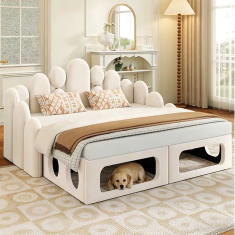Letto adulto 180x200 cm con cuccia per animali domestici, rete a doghe e testiera, in velluto beige, materasso non incluso (1/5)