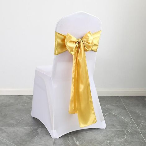 10 Stück 17 x 275 cm goldene Satin-Stuhlhussen mit Schleife, ideal für Hochzeiten, Zeremonien, Partys und Geburtstage (1/5)