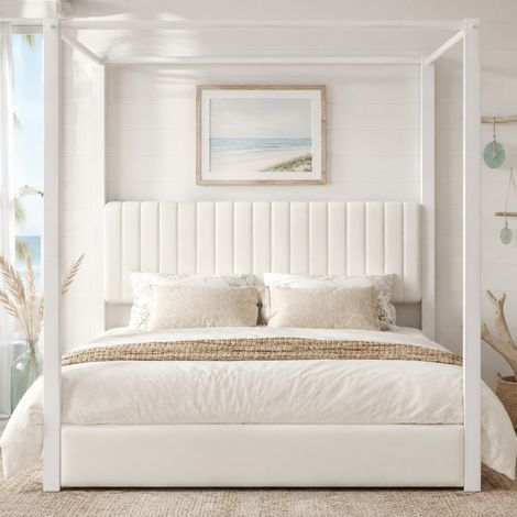 Lit à baldaquin 180x200 cm en bois et métal beige et blanc, facile à monter pour chambre FloraGrace (1/5)