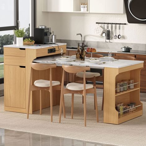 Table de Cuisine mobile îlot sur roulettes plateau extensible multiprises intégrées deux tiroirs fonctions buffet et desserte (1/5)