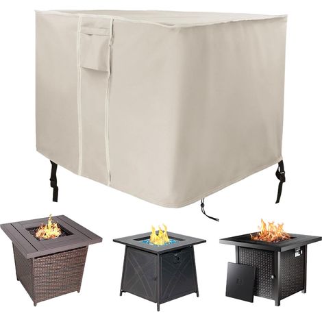 Housse de table carrée pour foyer à gaz – 71,1 x 71,1 x 63,5 cm – PVC 600D très résistant, imperméable et coupe-vent pour meubles de foyer de terrasse (beige) (1/5)